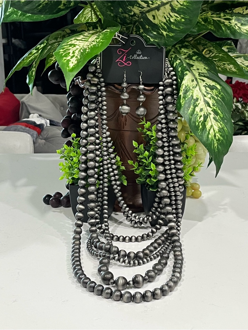 Zi COLLECTION Gunmetal Beaded Multi-Strand Necklace with Earrings - Picture 5 of 6